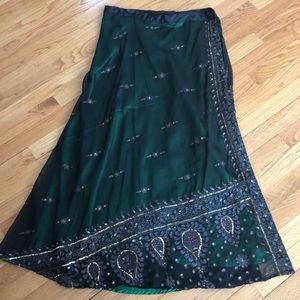 Handmade green sari-fabric wrap skirt.